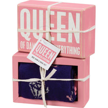 Load image into Gallery viewer, Queen Of Near Everything Box Sign And Sock Set