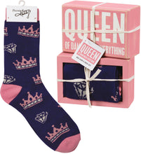 Load image into Gallery viewer, Queen Of Near Everything Box Sign And Sock Set