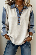 Load image into Gallery viewer, Western Denim Patchwork Shirt Collar Half Button Top (S-XL)