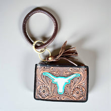 Load image into Gallery viewer, Turquoise Longhorn tooled & cowhide wristlet