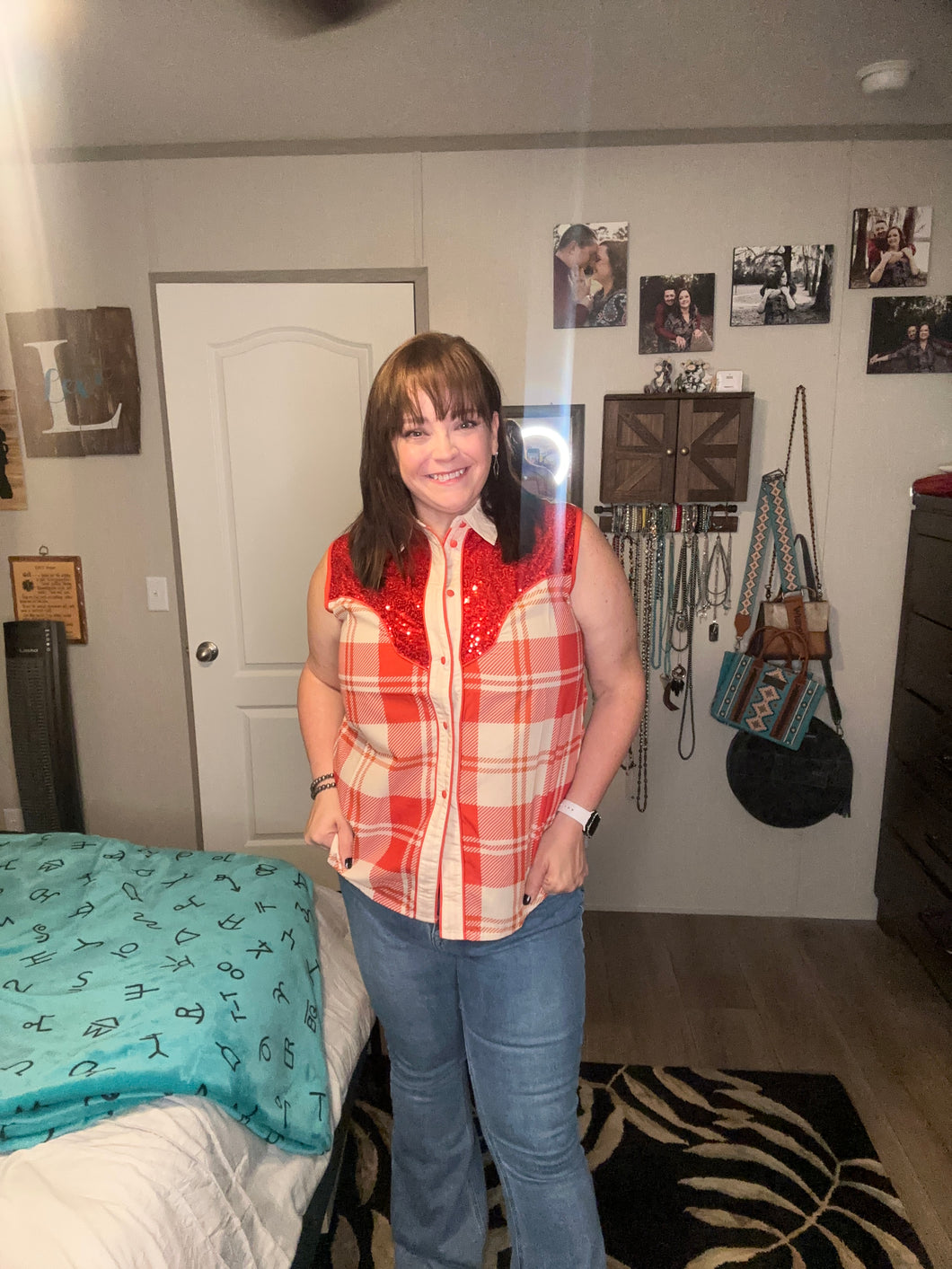Yee-Haw Red Plaid Sleeveless Button-Up - It Sparkles!