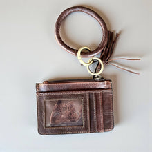 Load image into Gallery viewer, Turquoise Longhorn tooled &amp; cowhide wristlet 
