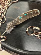 Load image into Gallery viewer, Turquoise Studded Premium Natural Barred Turkey Feathers
