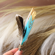 Load image into Gallery viewer, Handmade Teal &amp; White Duck Feather Pick
